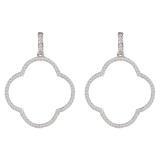 Open Clover Large Drop Earrings White Cz Silver